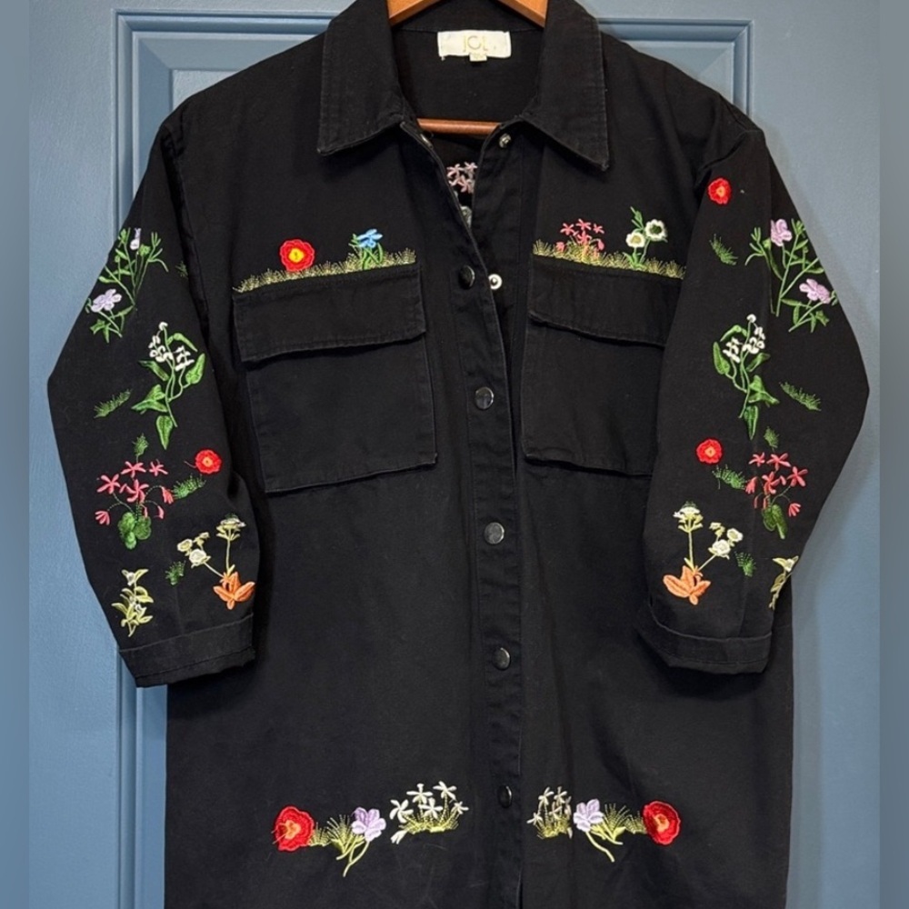 Boho Embroidered Shirt Jacket Black Floral Cotton Shacket Medium Folk - Picture 2 of 6